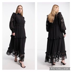 NEW ASOS Neutral Black Embroidered Mesh Long Sleeve Frill Tiered Maxi Dress 6